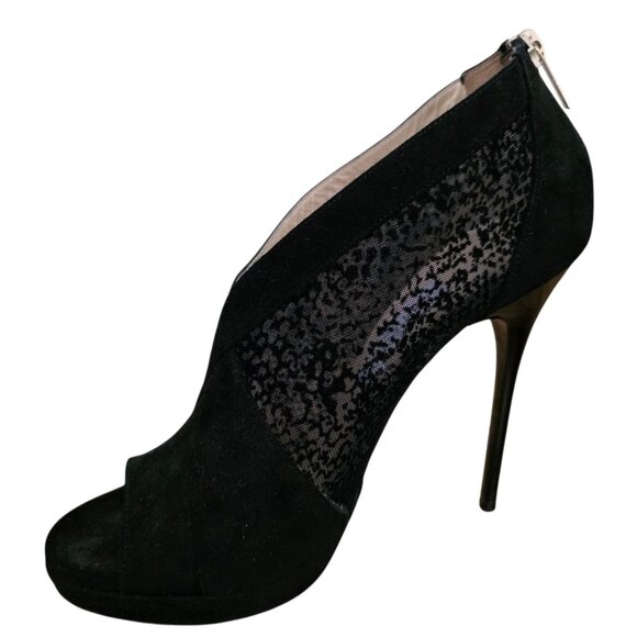 Jimmy Choo Vivid Flocked Mesh Open Toe Suede Ankle Booties Heels Black 8.5 - Picture 5 of 8